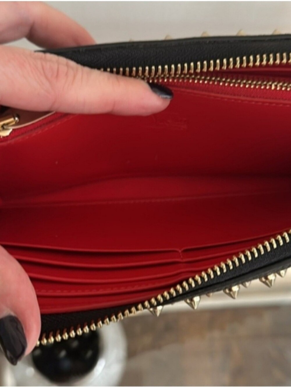 Christian Louboutin Panettone Spiked Zip Around Wallet Black Red Gold - Picture 7 of 13